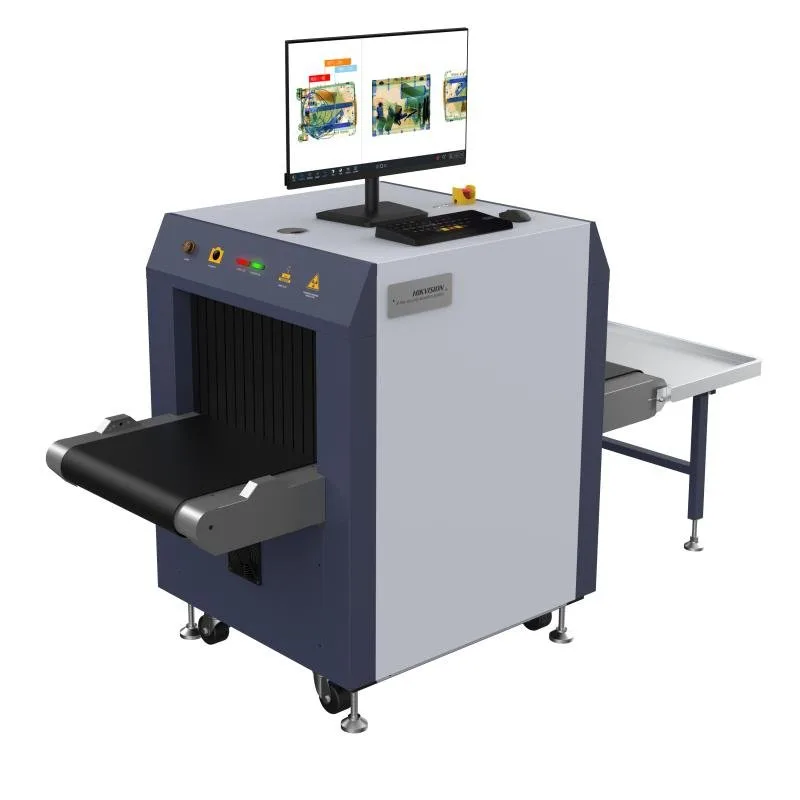 Hikvision X-ray baggage scanner at a factory entrance for screening bags and toolboxes