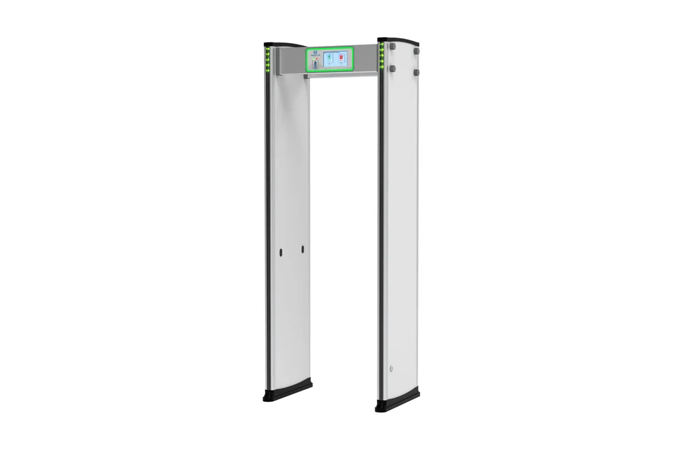 Hikvision 12-zone walk-through metal detector archway set up at a school gate entrance