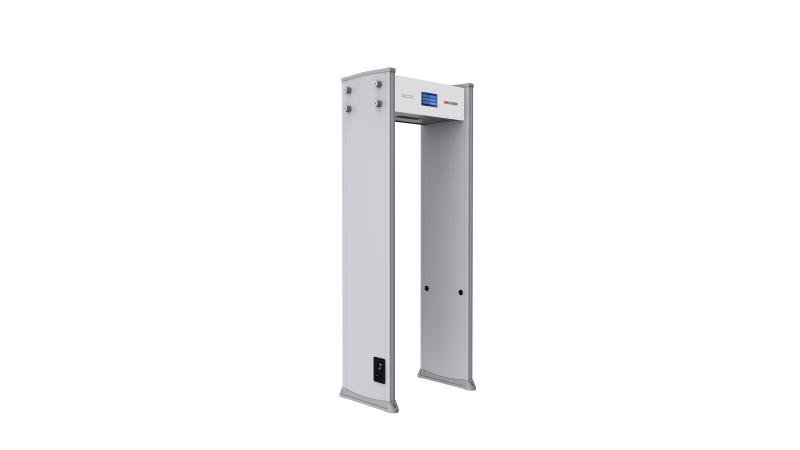 Hikvision 18-zone walk-through metal detector archway installed in a building lobby entrance