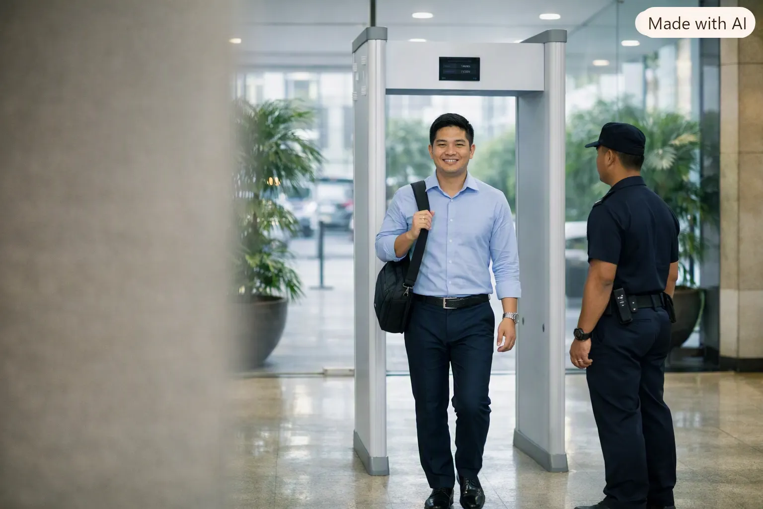 Walk-through metal detector archway and guard at a school entrance screening checkpoint